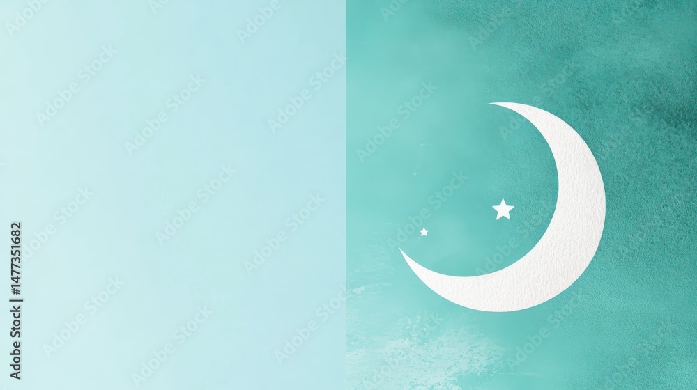 Obraz premium Minimalist illustration of a white crescent moon and two stars on a turquoise textured background.