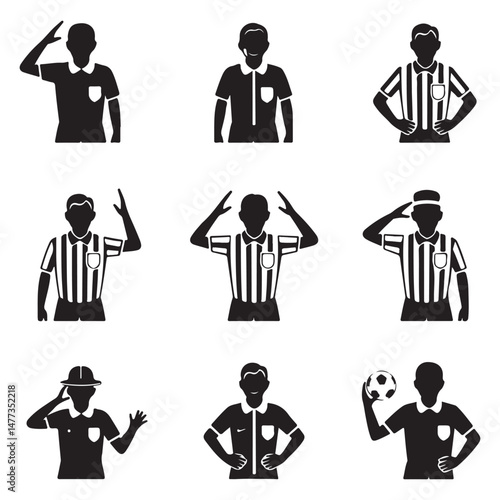 Various Referee Stances and Gestures for Sports Events in Black and White

