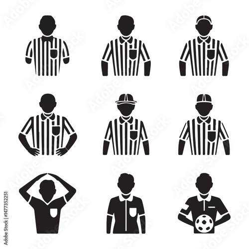 Various Referee Stances and Gestures for Sports Events in Black and White

