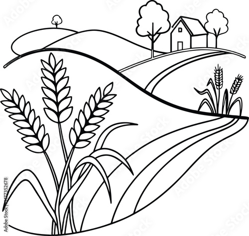 Simple illustration of a farm landscape featuring wheat fields and rural house in outline