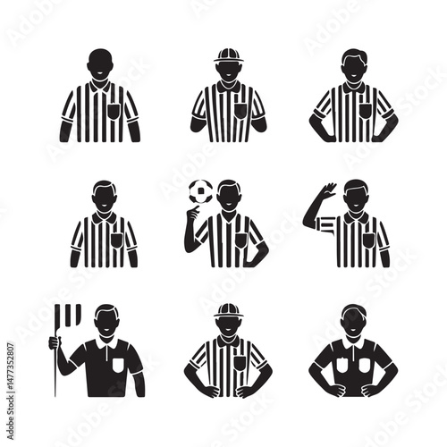 Various Referee Stances and Gestures for Sports Events in Black and White

