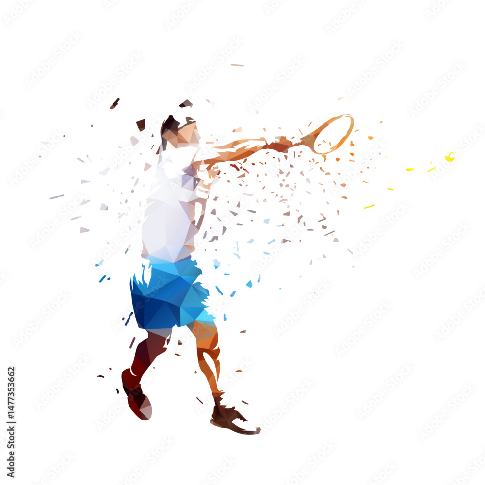 Tennis, man playin tennis, forehand shot, low polygonal isolated vector drawing. Sports clip art