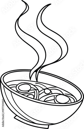 Black and white vector illustration of a bowl of noodles with rising steam