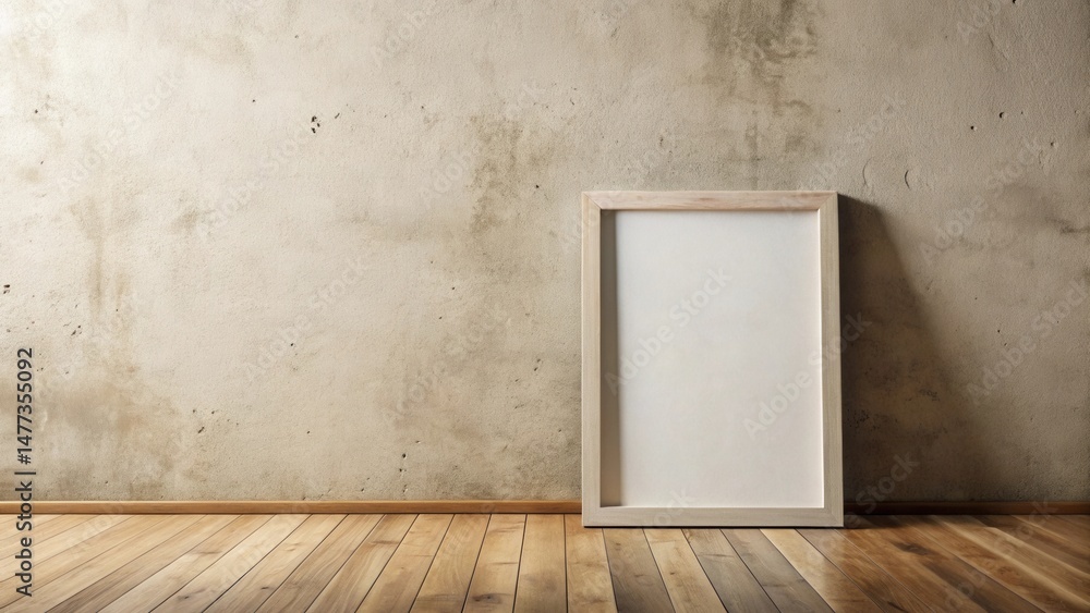 Empty light wood frame against a textured wall and hardwood floor interior design mockup