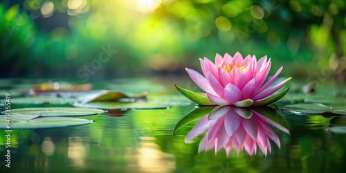 Delicate pink flower floats gently on the surface of a serene lake, surrounded by lush greenery and vibrant water lilies
