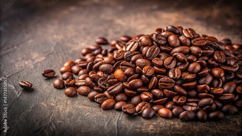 Fototapeta premium Aromatic Roasted Coffee Beans in a Rich Brown Hue, Close-Up View of a Pile on a Dark Textured Surface
