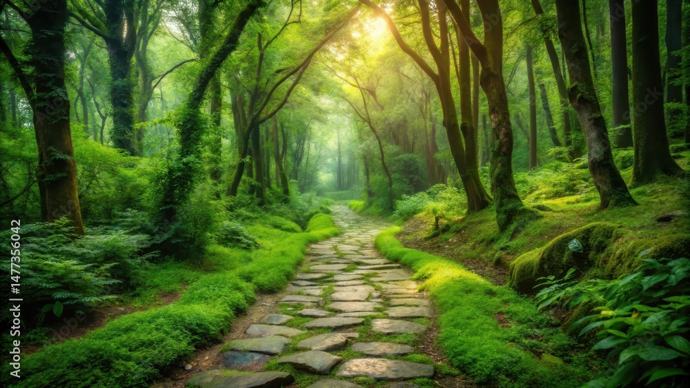 Fototapeta premium Ancient stone path winding its way through lush green forest, disappearing into the horizon , outdoor