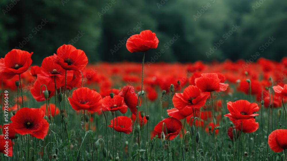 Obraz premium A vibrant field bursts with life as countless red poppy flowers dance gracefully in a summer meadow, creating a stunning spectacle against the soft, green backdrop.