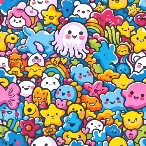 seamless pattern of happy cartoon sea creatures in bright tropical colors, underwater bubbles, and coral reefs