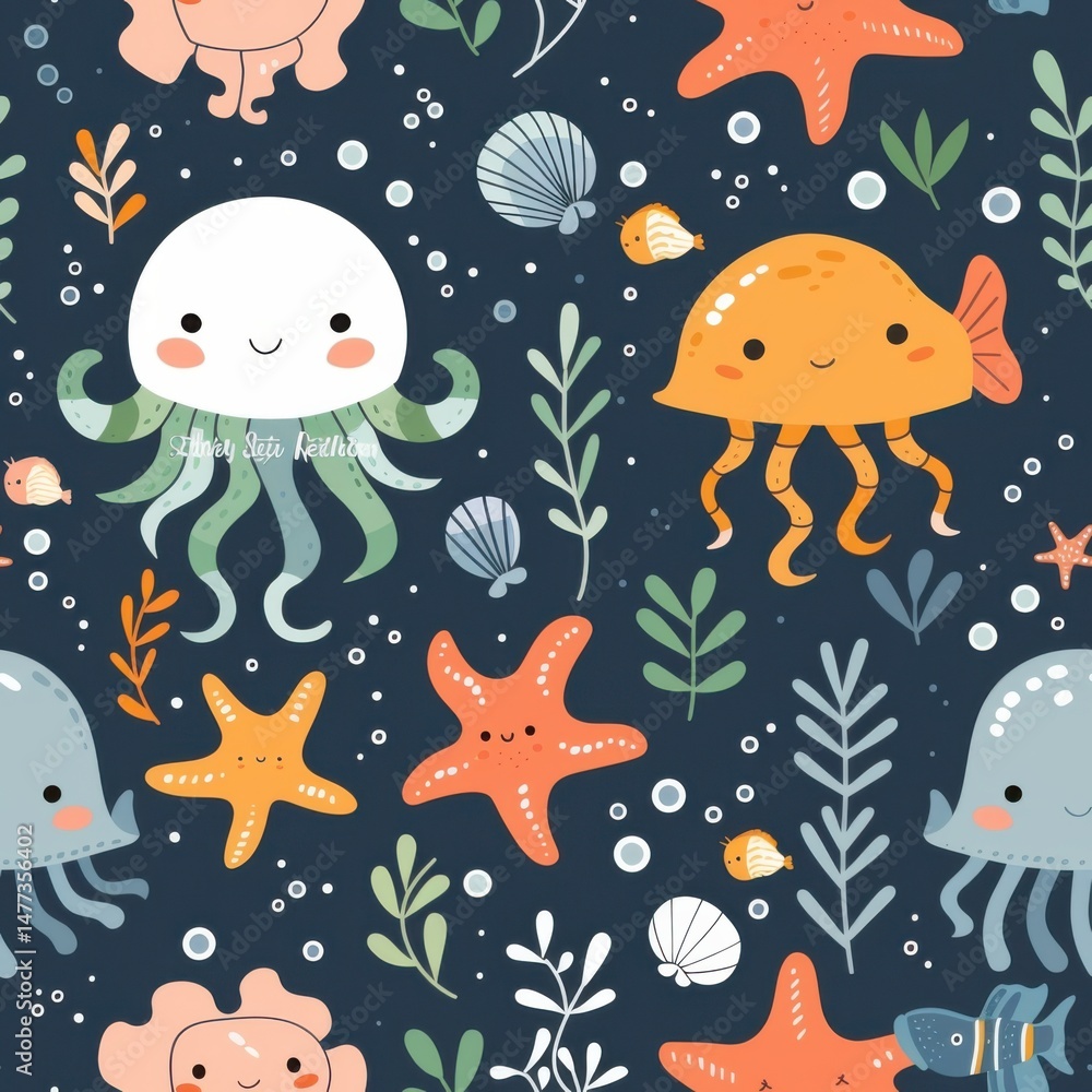 seamless pattern of happy cartoon sea creatures in bright tropical colors, underwater bubbles, and coral reefs seamless pattern of happy cartoon sea creatures in bright tropical colors, underwater bubbles, and coral reefs