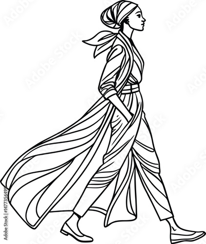 Elegant fashionable woman in side profile wearing stylish long coat and headscarf vector illustration