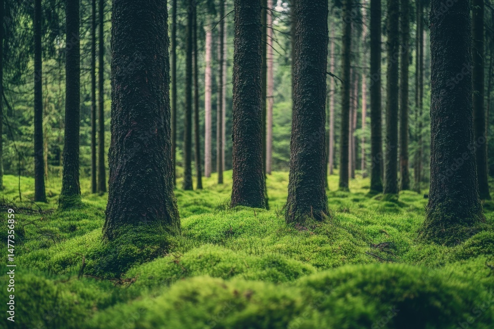 Fototapeta premium Serene Green Forest Mossy Trees Nature Scenery Tranquil Peaceful Woods Background Lush Vibrant 
