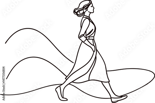 Elegant woman in a stylish dress walking in silhouette vector illustration