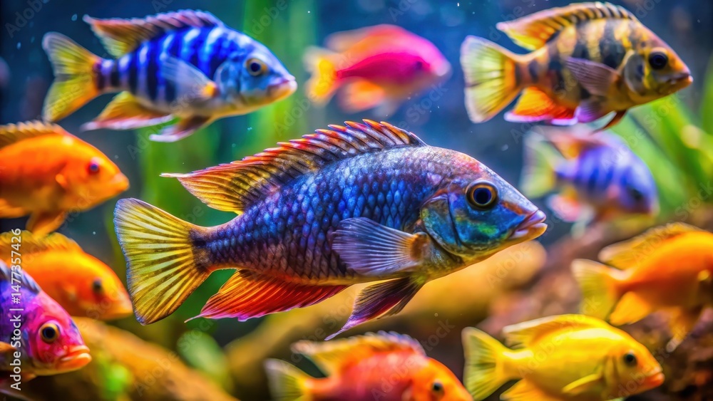 Fototapeta premium Colorful Cichlid Fish in Aquarium, fish species, aquatic animals, fish species,aquatic animals