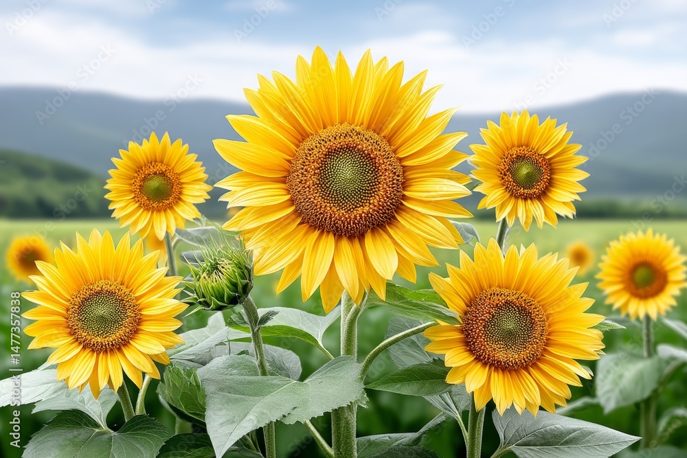 Obraz premium A sunflower field glowing during the long daylight of the solstice