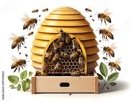 A realistic children’s educational image showing a beehive
