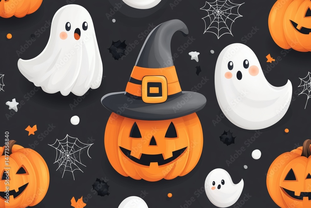 Pumpkin hat in Halloween with ghost and spider web in cartoon 3D style, black background, Halloween backdrop. Pumpkin hat in Halloween with ghost and spider web in cartoon 3D style, black background, Halloween backdrop.