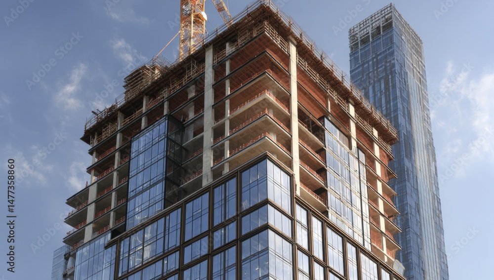Modern glass skyscraper under construction with a crane, set against a blue sky and another tall building in the background. Modern glass skyscraper under construction with a crane, set against a blue sky and another tall building in the background.