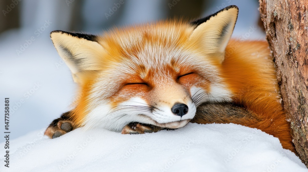 Obraz premium Sleepy Red Fox Cozying Up in Soft Snow on Winter Afternoon