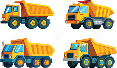 Collection of Four Yellow Dump Trucks on a transparent Background.