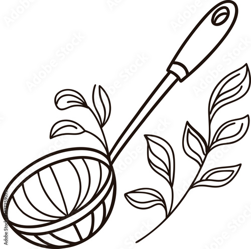 Hand drawn illustration of a skimmer with leaves representing nature or food preparation
