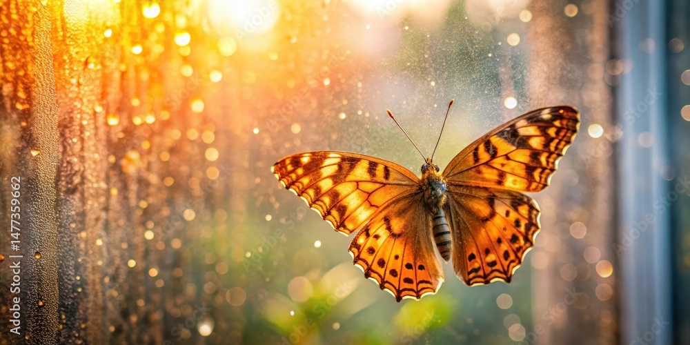 Fototapeta premium A delicate brown and orange butterfly perches on a windowpane, its iridescent wings reflecting sunlight in morning dew