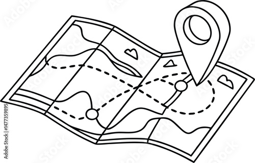 Detailed black and white vector illustration of a folded map with location pin
