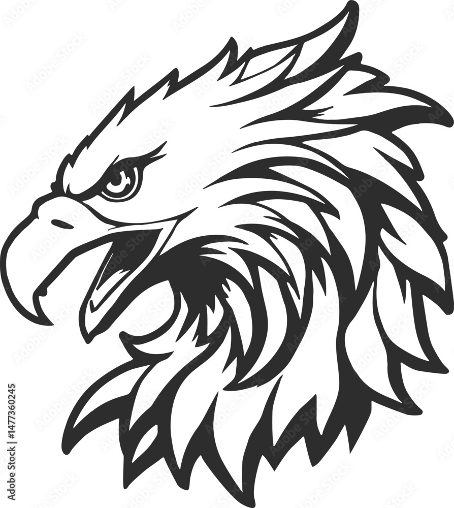 Icon of an aggressive eagle with lush feathers, black icon looking to the left. Icon of an aggressive eagle with lush feathers, black icon looking to the left.