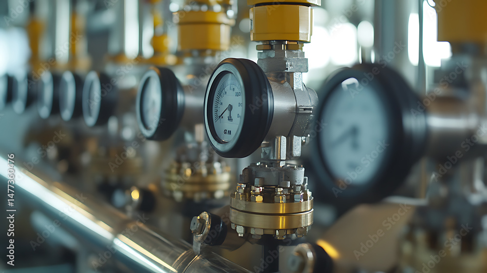 Industrial Gauges and Valves in a Factory Setting Industrial Gauges and Valves in a Factory Setting