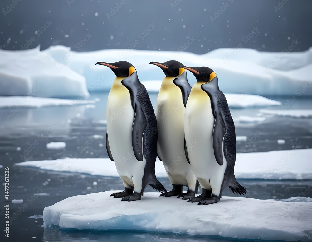 Naklejka premium A realistic photo of emperor penguins standing on an ice floe with snow falling