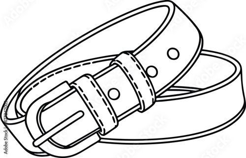 A detailed black and white outline illustration of a rolled leather belt with buckle