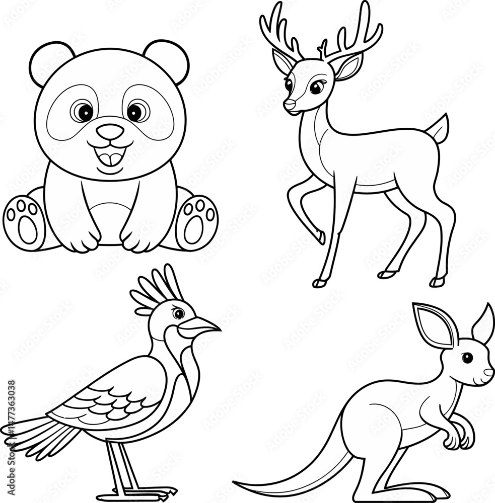 Obraz premium Set of cute cartoon animal illustrations in black and white line art, perfect for coloring pages. Includes adorable panda, graceful deer, exotic bird, and charming kangaroo.