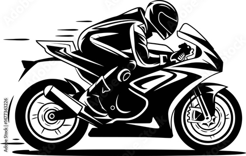 Black and white vector illustration of a racing motorcyclist riding a sportbike at high speed. This dynamic silhouette design features a biker in full gear, helmet, and leather suit, leaning forward i