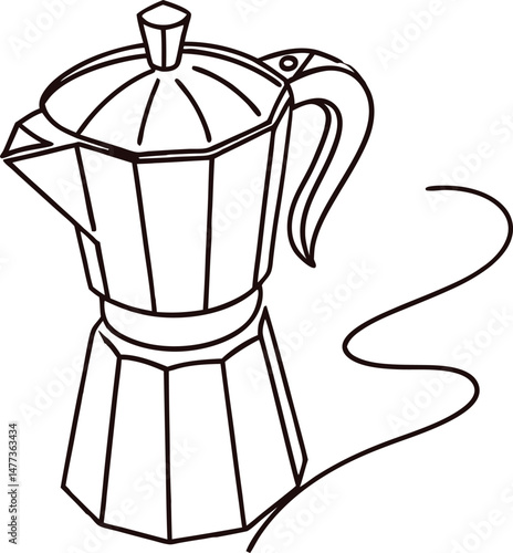 Simple black and white illustration of a traditional italian moka pot coffee maker