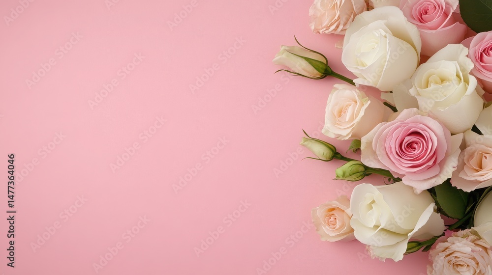 Elegant Arrangement of Roses and Buds on Pink Background Elegant Arrangement of Roses and Buds on Pink Background