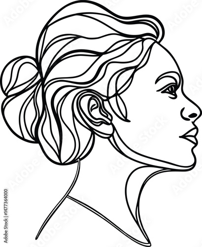 Elegant line art depicting a woman's profile with a stylish hair bun and graceful neck