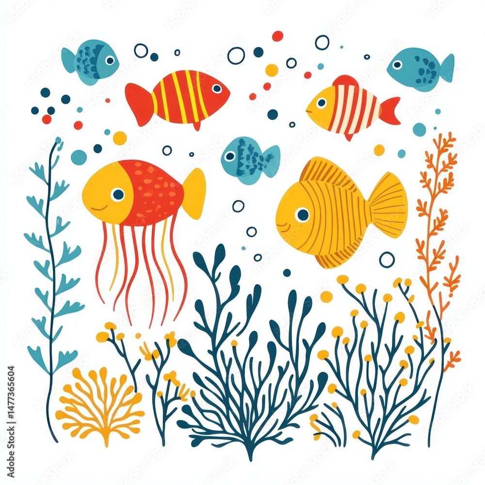 Naklejka premium Colorful fish and seaweed underwater scene; children's illustration
