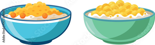 Two Colorful Bowls of Cornflakes breakfast.
