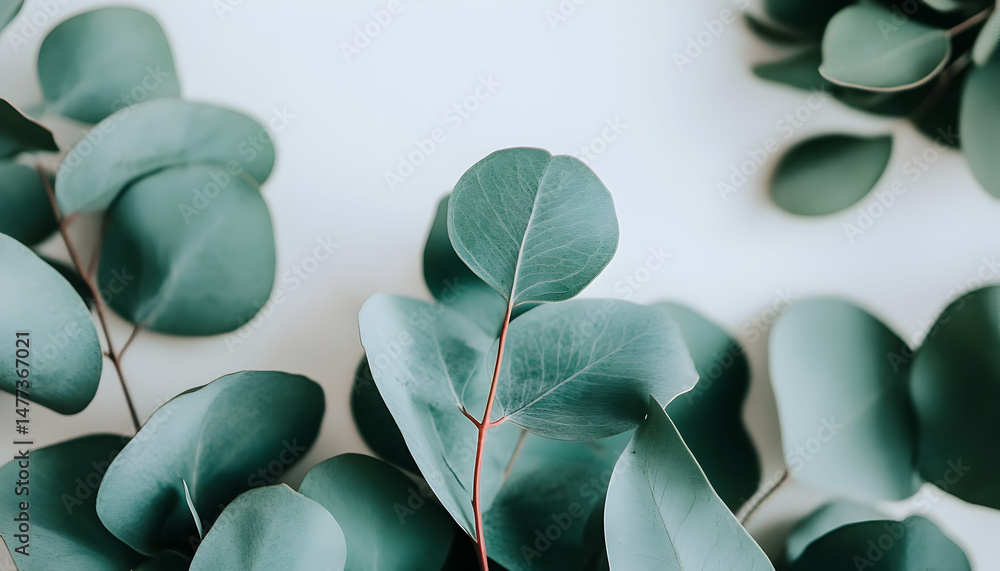 Fototapeta premium Serene eucalyptus leaves on white background; minimalist botanical image ideal for wellness, spa, or beauty branding.