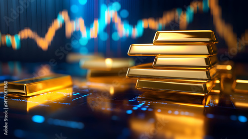 Shiny Gold Bars on Financial Background with Stock Market Graph