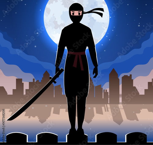 Vector image. Ninja on the fortress wall. Children's illustration.
