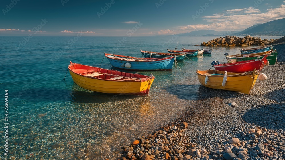 Fototapeta premium Colorful boats on pebble beach, Mediterranean coast at dawn. Serene coastal harmony in morning light.