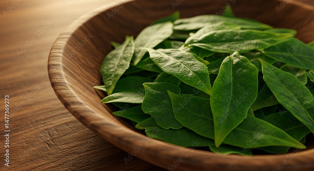 Fresh Green Leaves in Wooden Bowl on Table Close Up Fresh Green Leaves in Wooden Bowl on Table Close Up