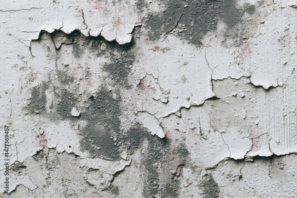 Fototapeta premium Industrial cement wall with peeling whitewash layers and charcoal undertones, textured tool marks for urban interior design or 3D architectural visualization