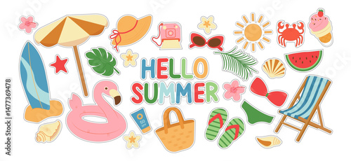  Big vector summer set. Hello summer. Ice cream, swimsuit, inflatable circle, sun cream, flowers, shells. Collection of summer elements for scrapbooking. Hand drawn style. Summer poster