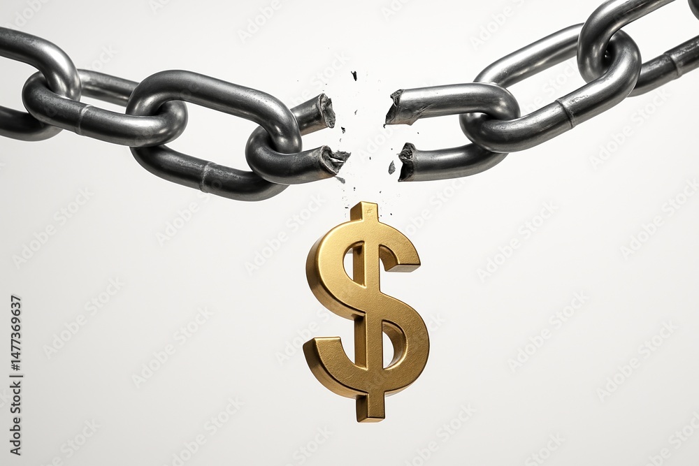Fototapeta premium Chain Breaking Apart with Dollar Sign Falling Symbolizing Economic Collapse or Financial System Breakdown