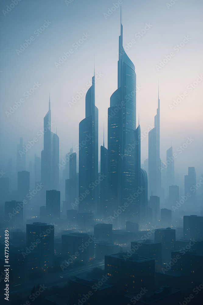 Naklejka premium Futuristic Cityscape Featuring Sleek Skyscrapers Amidst Misty Urban Landscape Showcasing Innovative Architecture and Sustainable Urban Planning