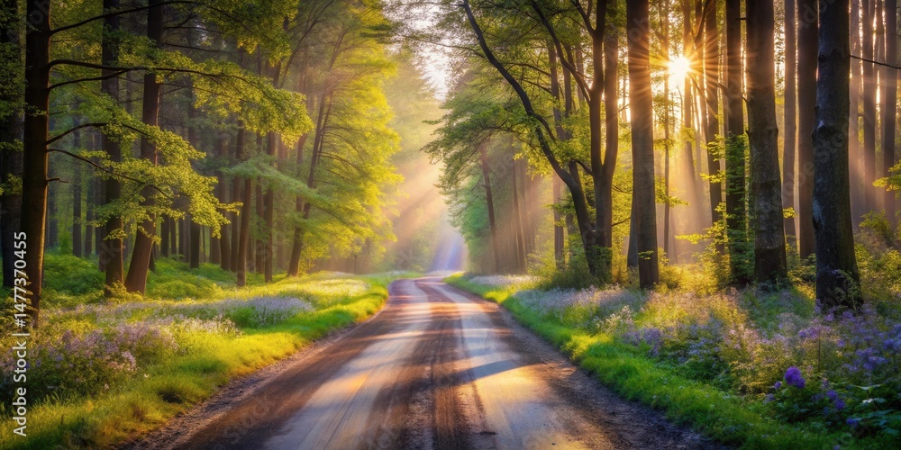 Fototapeta premium Sunlit Path Through a Verdant Forest at Dawn, Illuminated by Golden Rays Filtering Through Lush Canopies and Wildflowers
