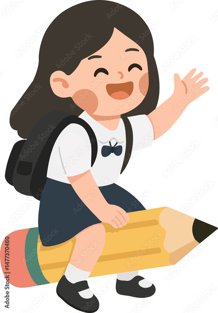 Fototapeta premium Illustration of School Girl Riding Pencil happy cartoon