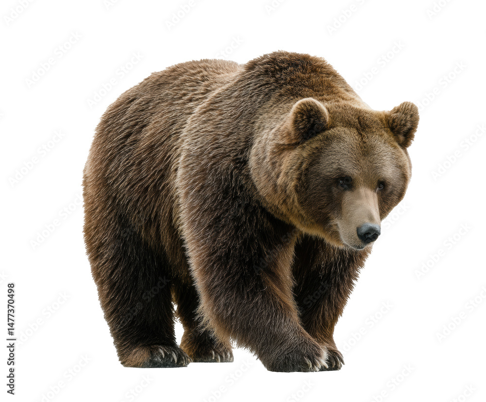Obraz premium Grizzly bear walking on a natural landscape during the day on a transparent background, cut out